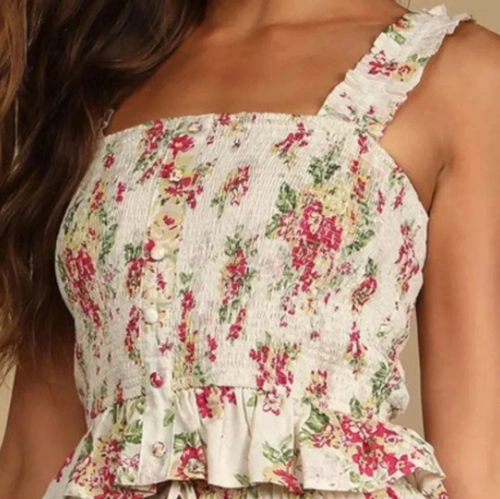 Lulus Blooming Views Beige Floral Ruffled Smock Linen/Cotton Tank Top, M, NWT - Picture 9 of 9